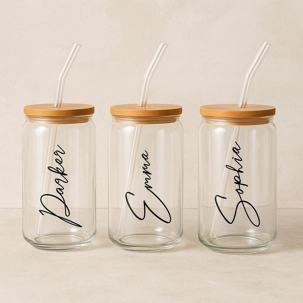 Personalized Iced Coffee Glass Tumbler with Lid and Straw
