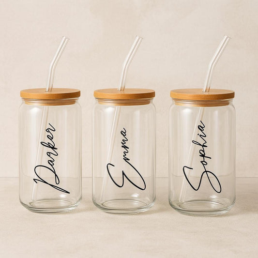 Personalized Iced Coffee Glass Tumbler with Lid and Straw