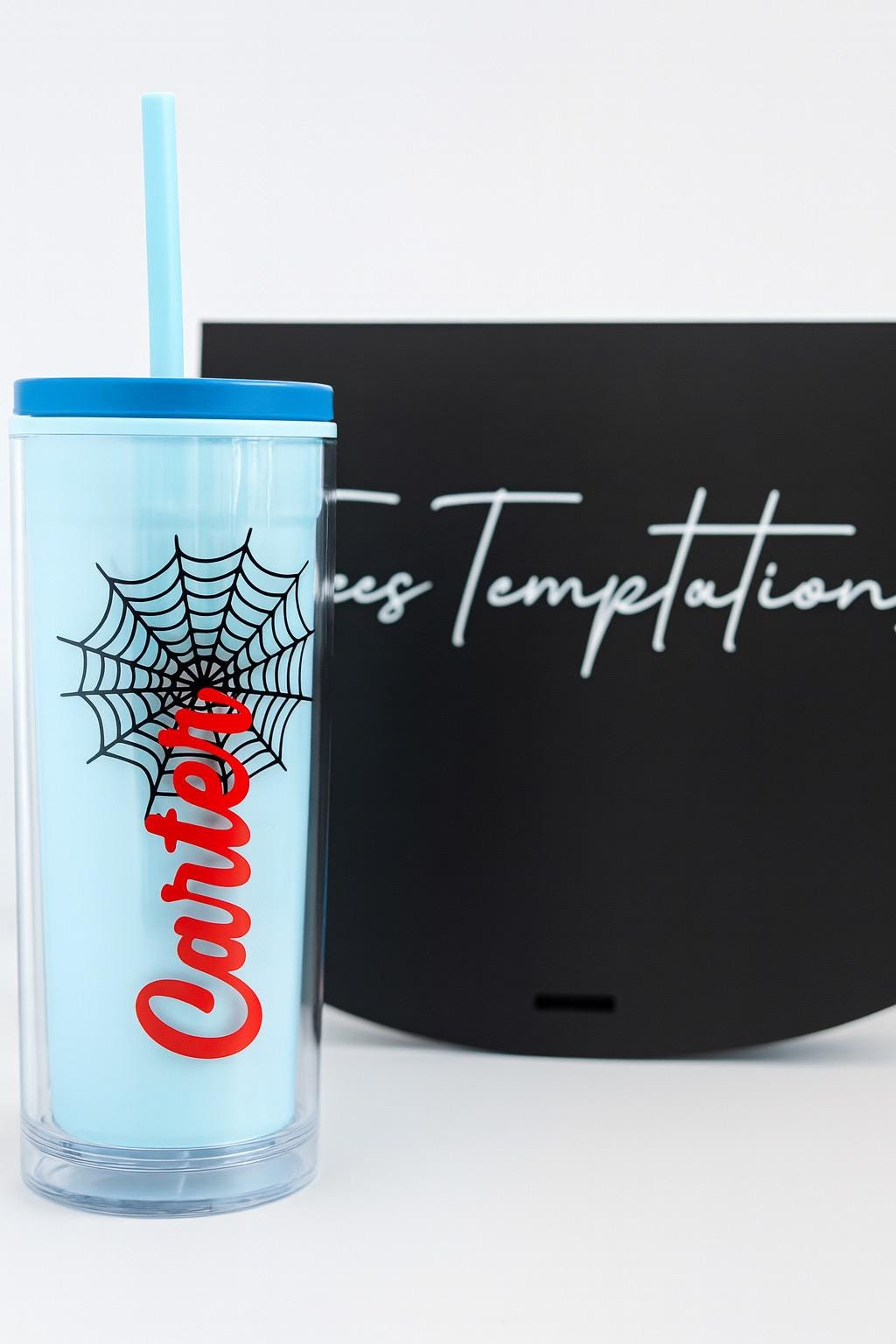 Personalized Spider Web Tumbler: Blue Superhero Cup with Straw