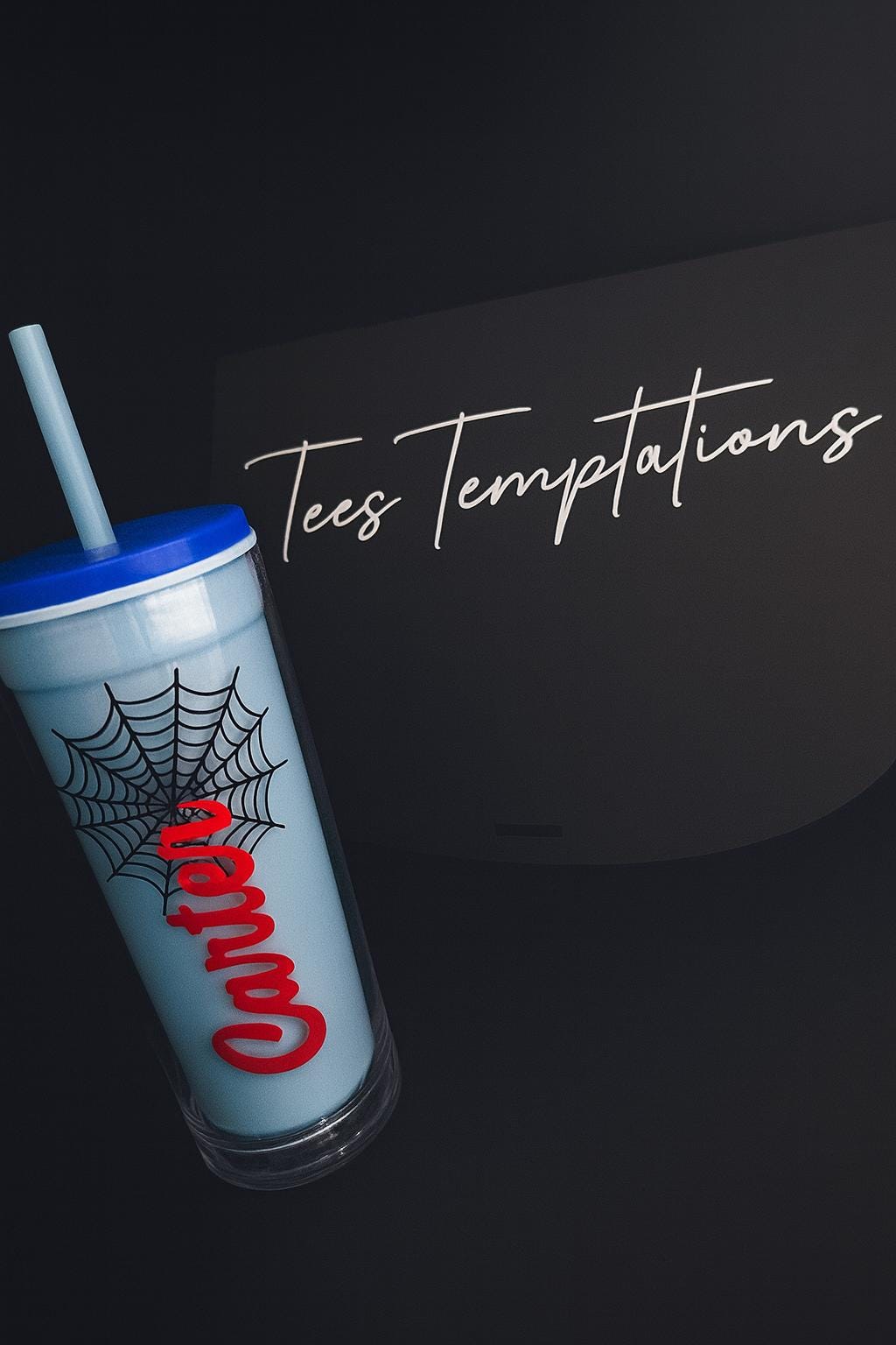 Personalized Spider Web Tumbler: Blue Superhero Cup with Straw